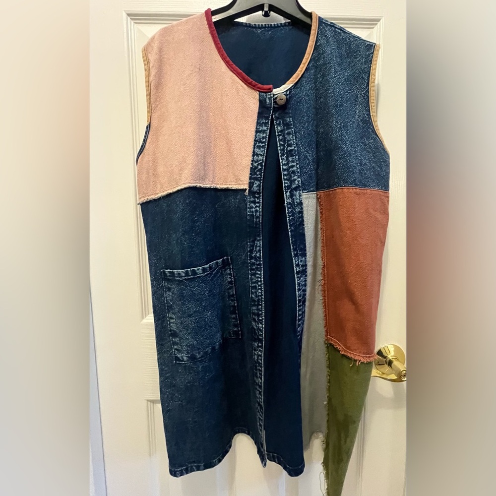 NWOT Handmade Women’s Patchwork Colorblock Denim One button Front long Vest